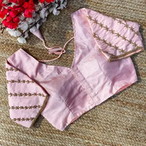 Baby Pink Golden Burberry Silk Blouse with Intricate Handwork
