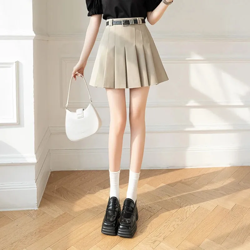 Black Pleated Chic Belt Mini Skirts Summer High Waist Slim A-line Solid Color Women Skirt Grey Khaki Fashion Female Skirt