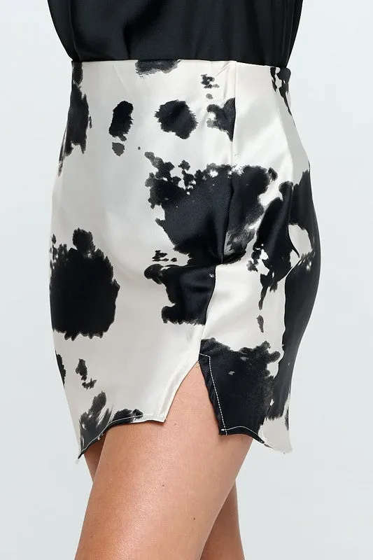 Cow Print Satin Mini Skirt