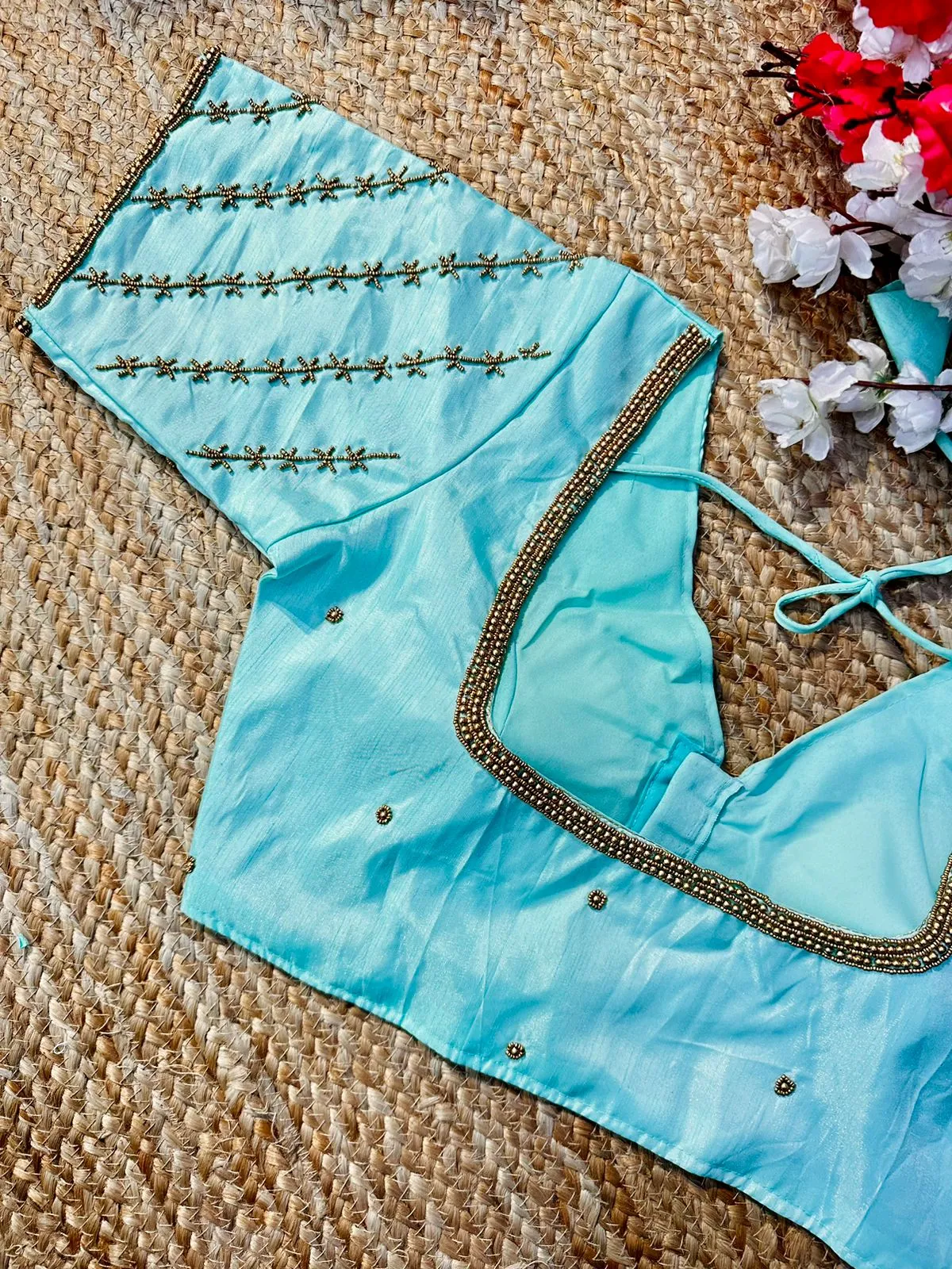 Sky Blue Golden Burberry Silk Blouse with Intricate Handwork